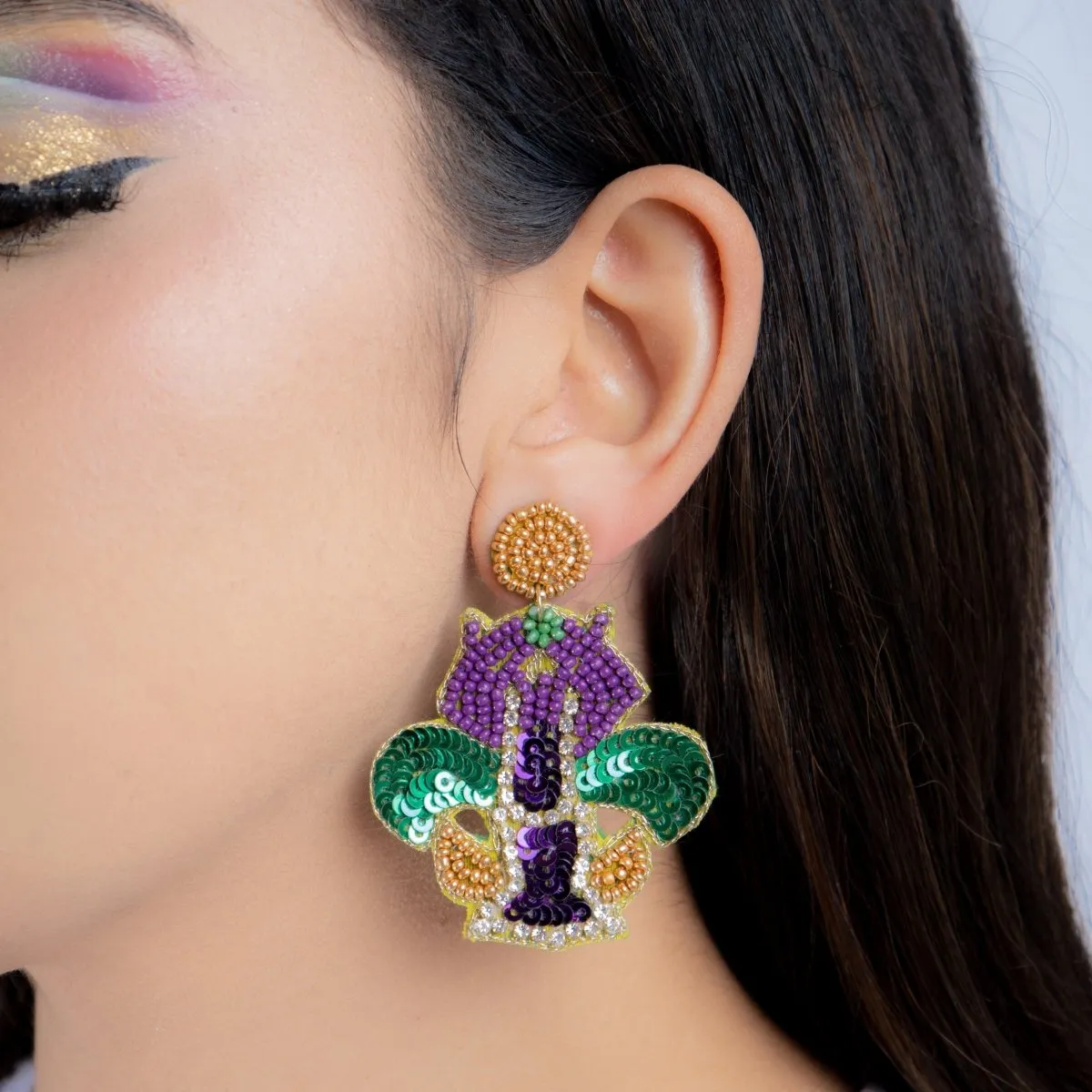 Mardi Gras Fleur-de-Lis Beaded Earrings with Sequins