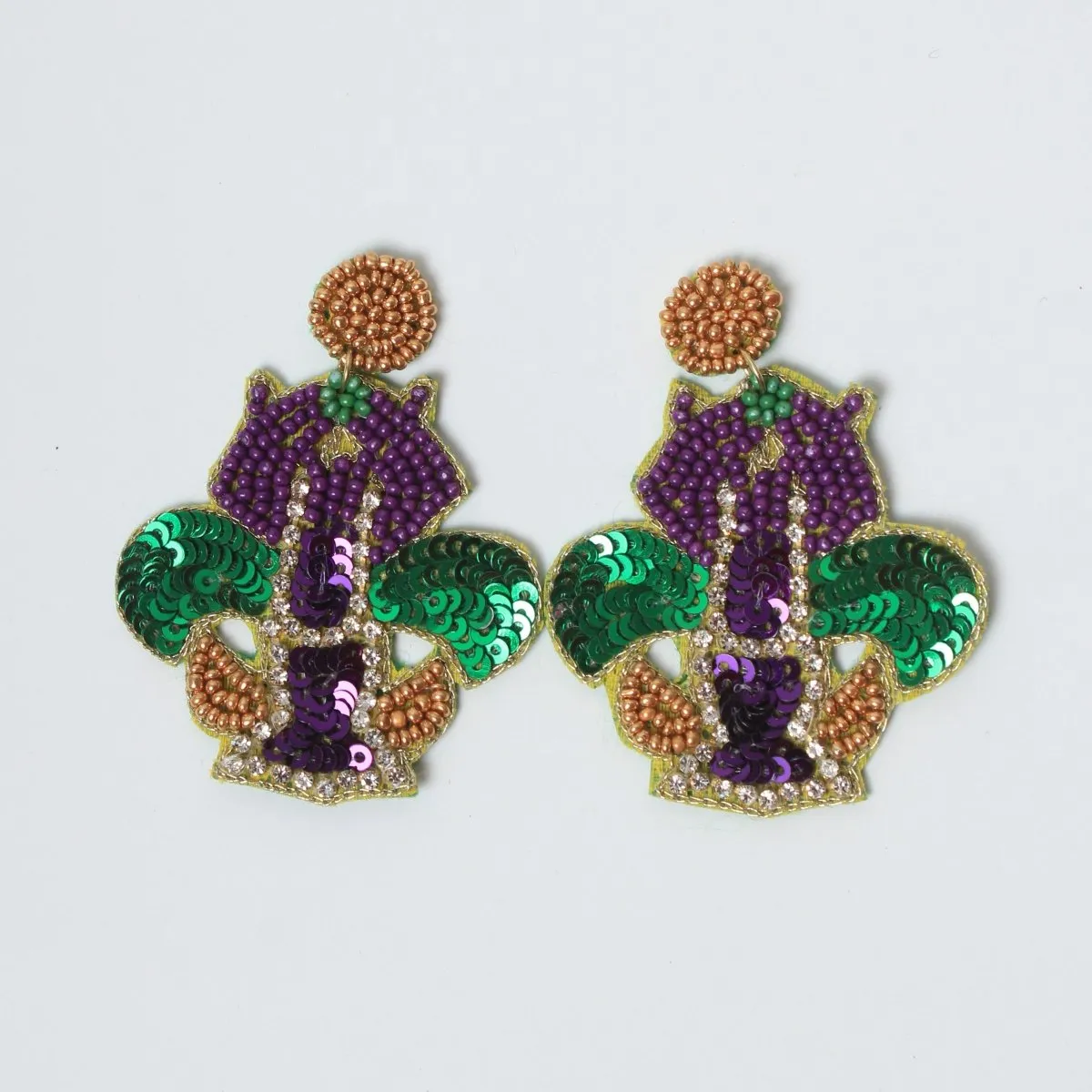 Mardi Gras Fleur-de-Lis Beaded Earrings with Sequins