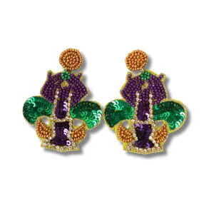 Mardi Gras Fleur-de-Lis Beaded Earrings with Sequins