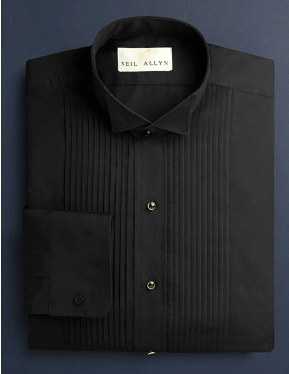 Mens Classic Cotton Wing Collar Pleated Front Tuxedo Shirt in Black