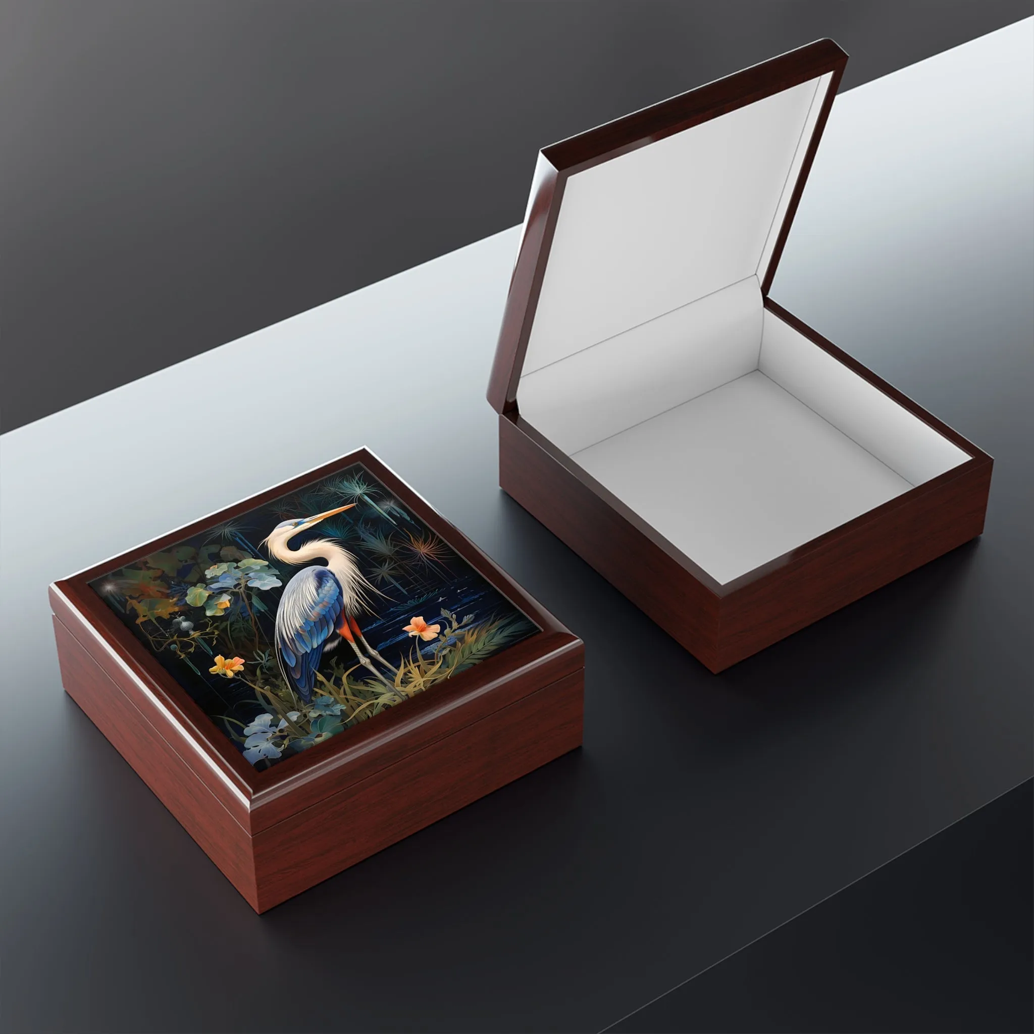 Midnight Great Blue Heron Art Gift and Jewelry Box