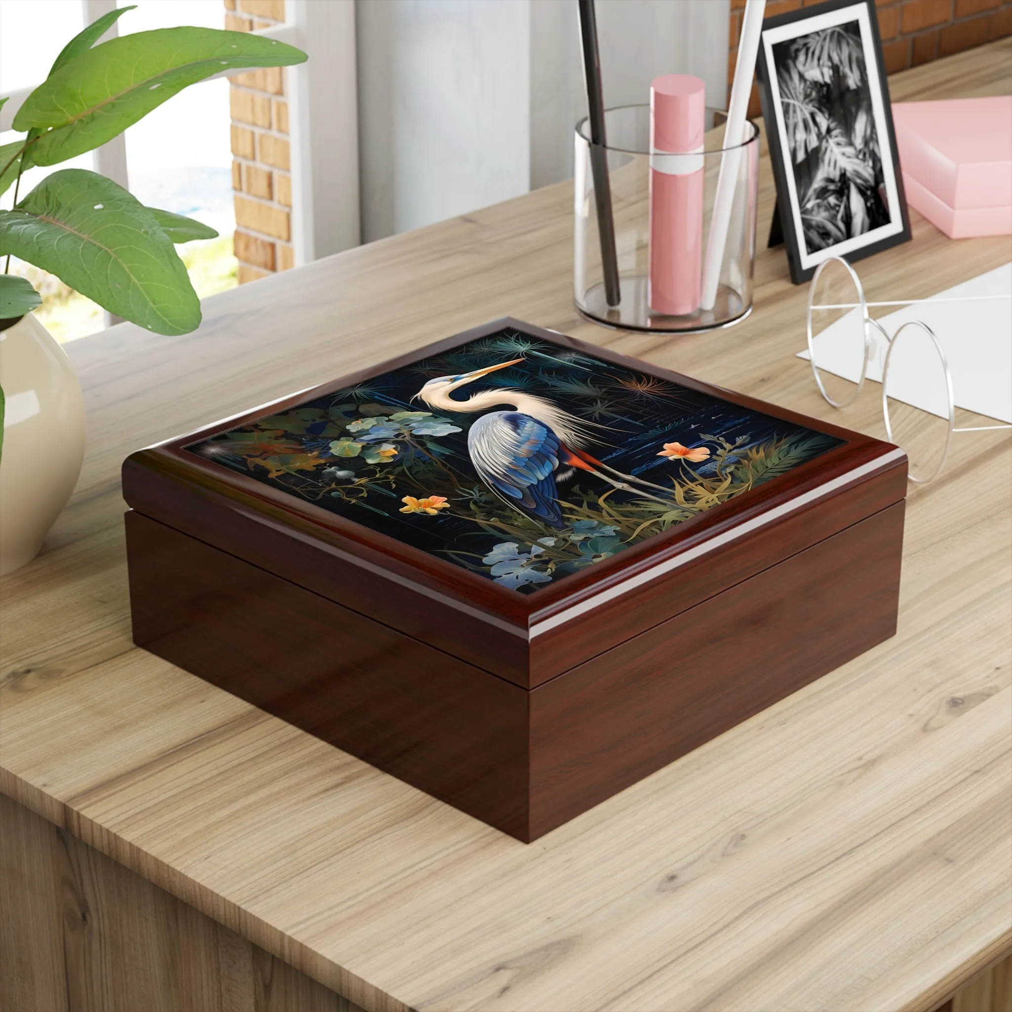 Midnight Great Blue Heron Art Gift and Jewelry Box