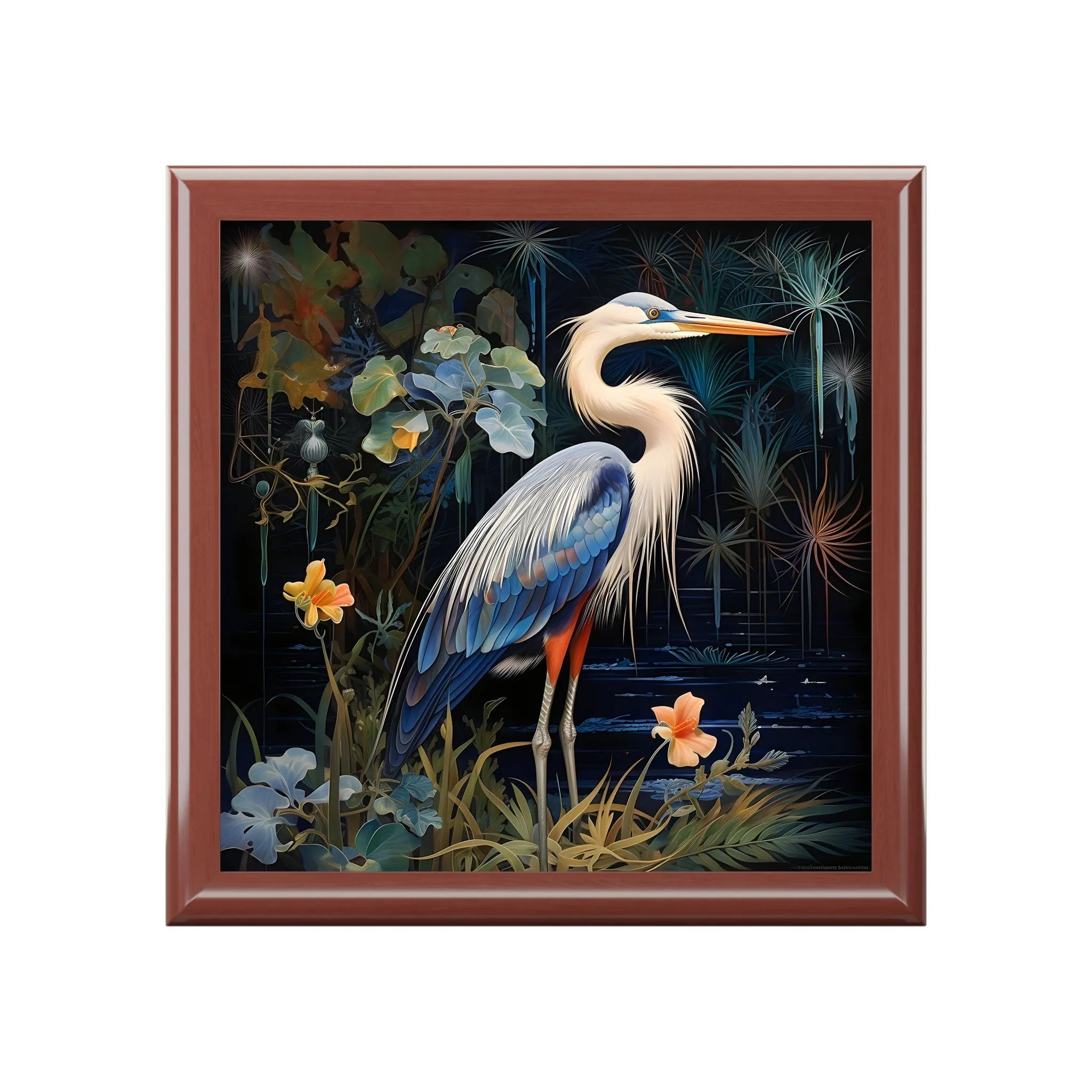 Midnight Great Blue Heron Art Gift and Jewelry Box