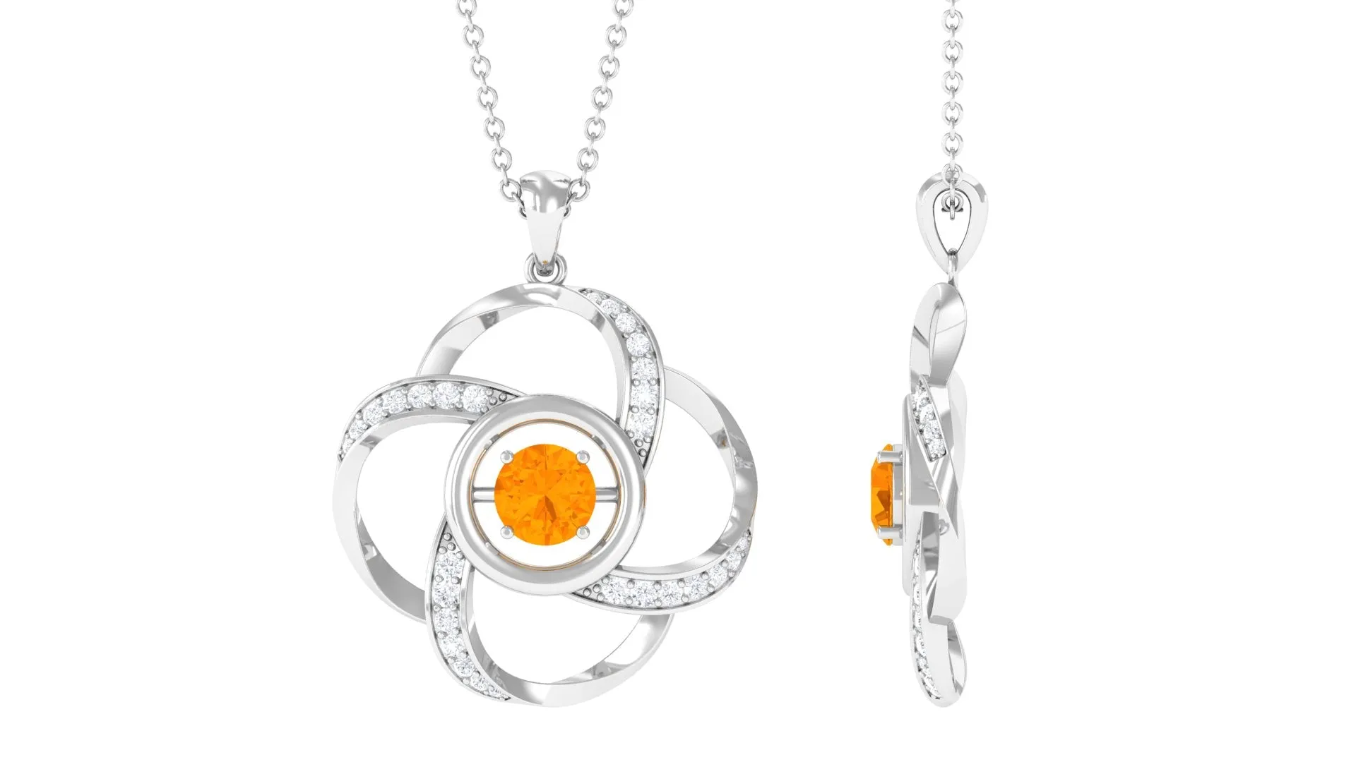 Modern Flower Pendant with Round Fire Opal and Diamond