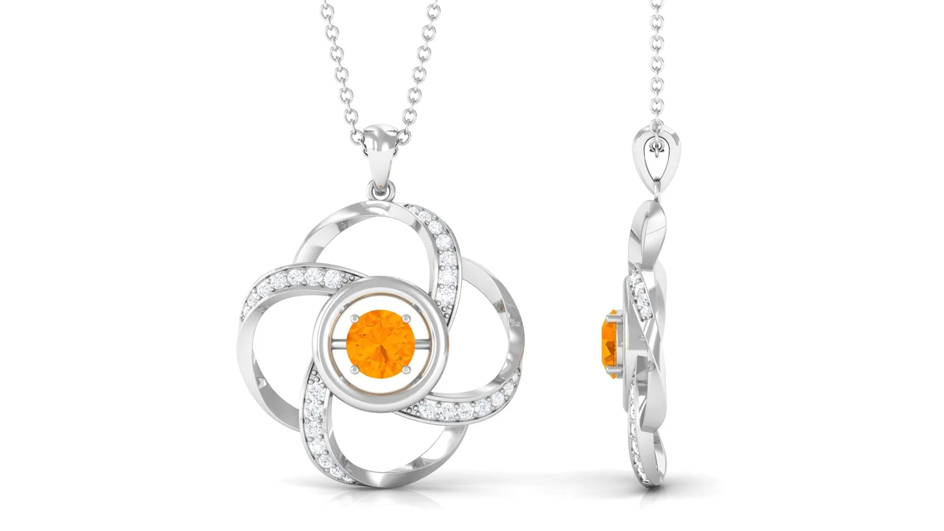 Modern Flower Pendant with Round Fire Opal and Diamond