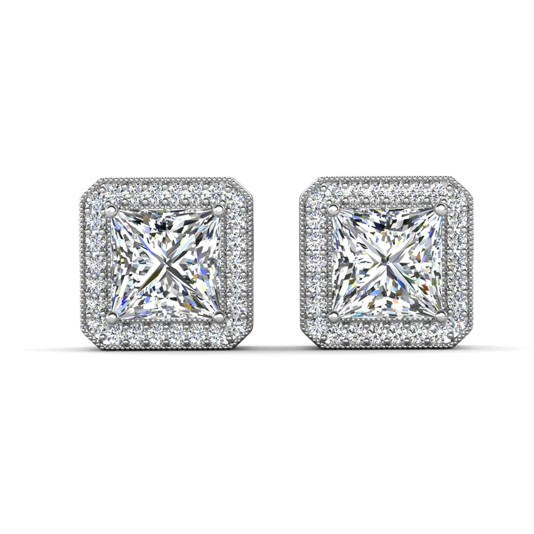 Norah 18k White Gold Plated Princess Cut Halo Stud Earrings with Simulated Diamond Crystals