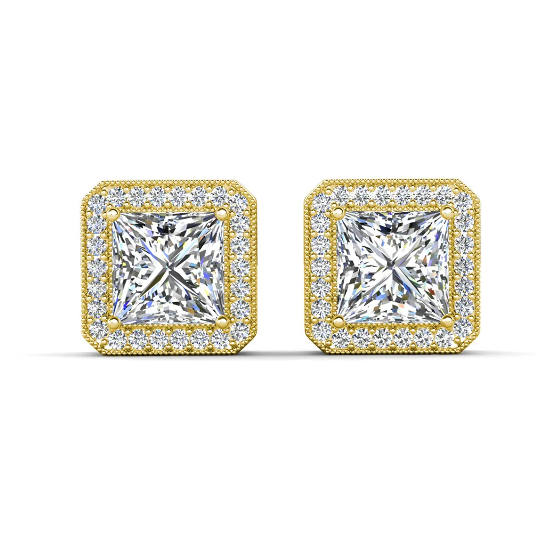 Norah 18k White Gold Plated Princess Cut Halo Stud Earrings with Simulated Diamond Crystals