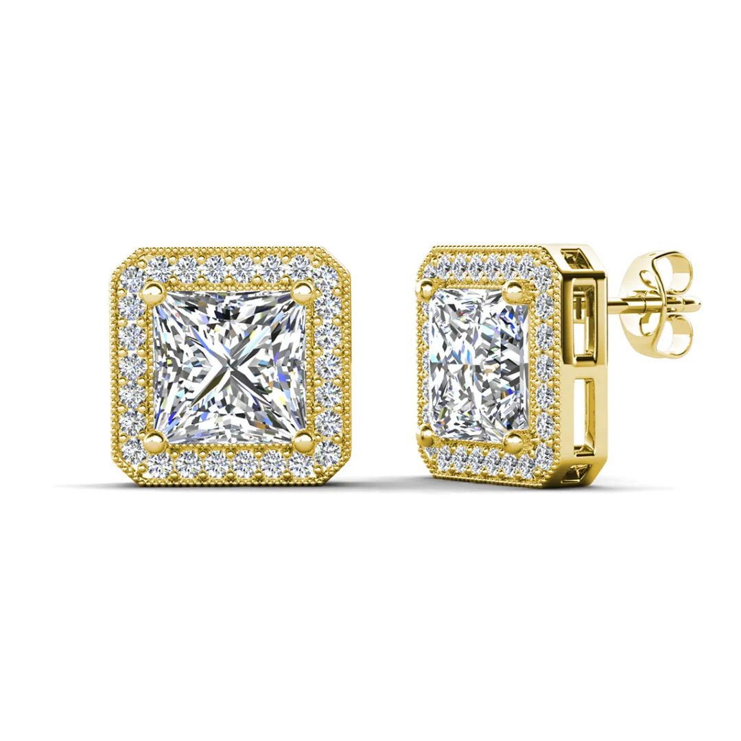 Norah 18k White Gold Plated Princess Cut Halo Stud Earrings with Simulated Diamond Crystals