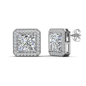 Norah 18k White Gold Plated Princess Cut Halo Stud Earrings with Simulated Diamond Crystals