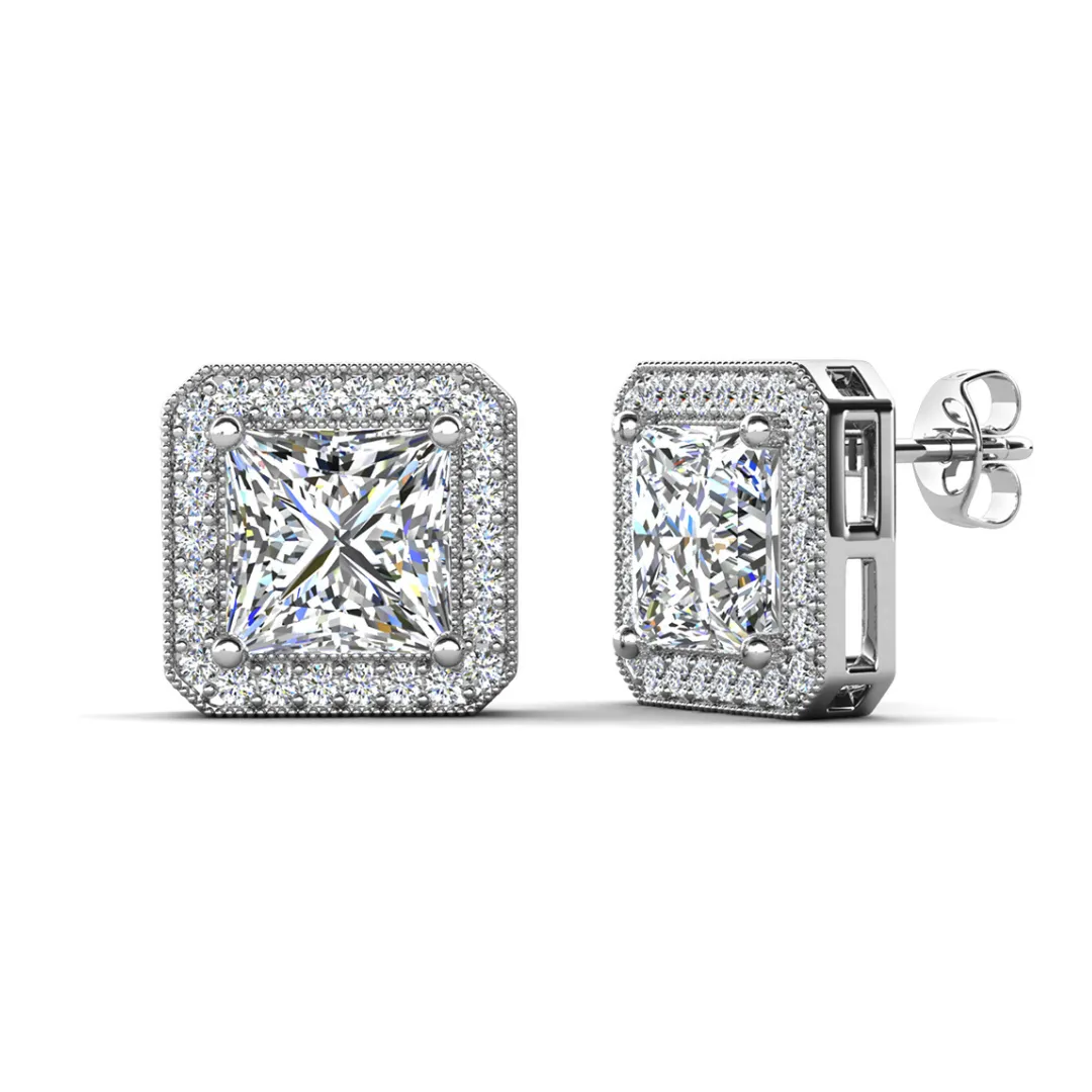 Norah 18k White Gold Plated Princess Cut Halo Stud Earrings with Simulated Diamond Crystals