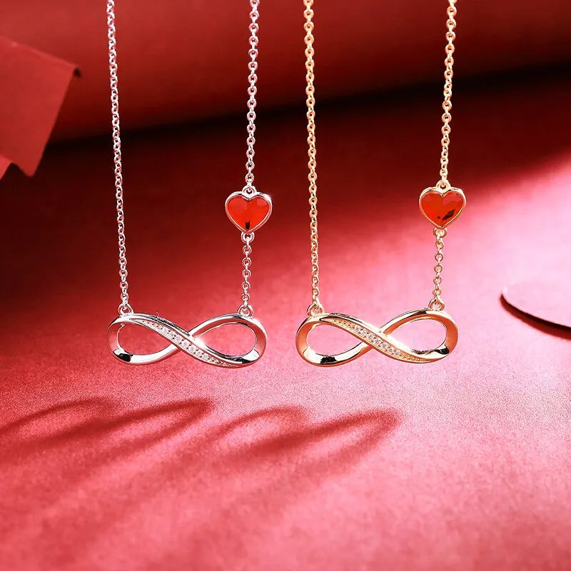 Personalized Infinity Name Necklace in Silver Plating with Red Heart