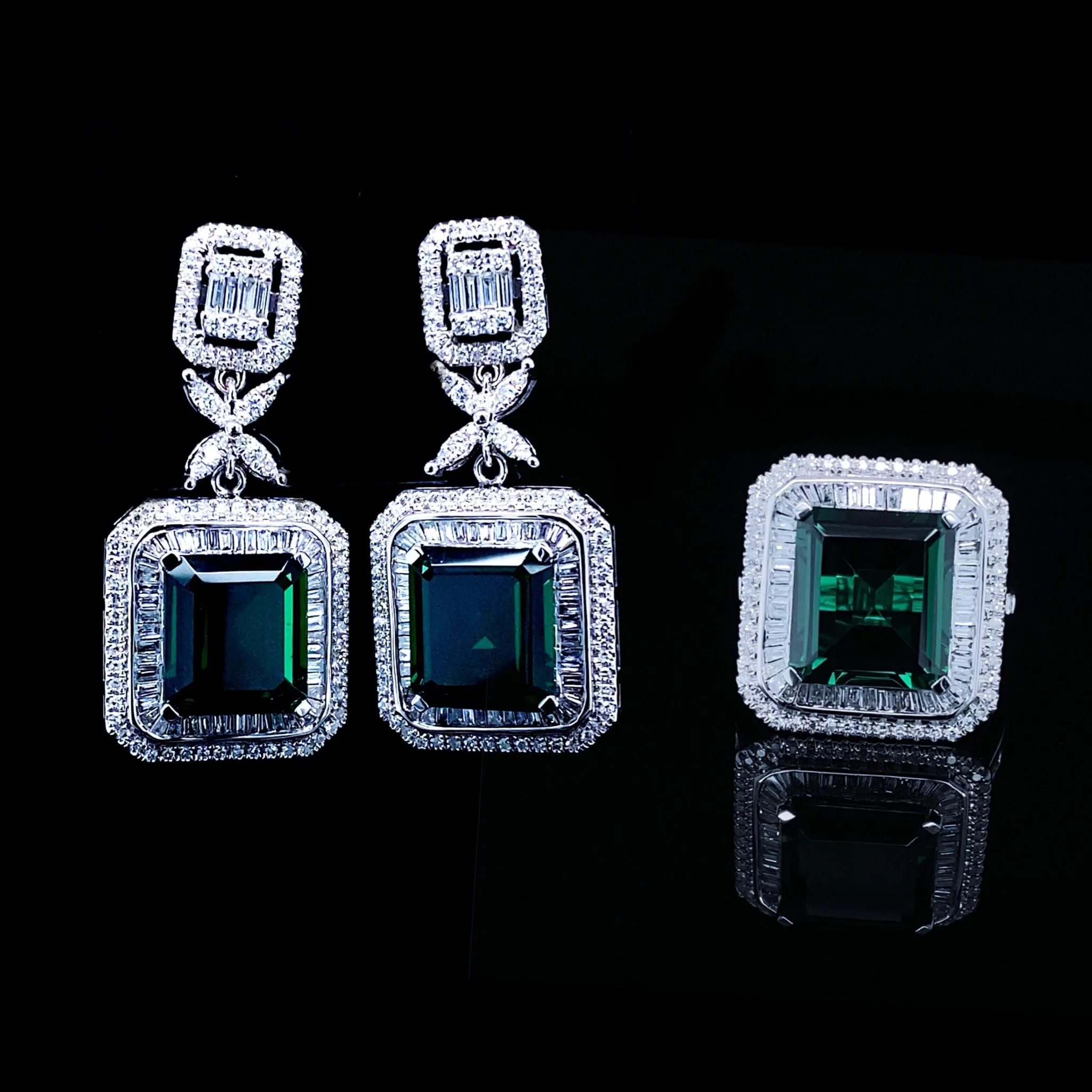 PREORDER | Floral Baguette Green Emerald Statement Gemstones Diamond Jewelry Set 14kt