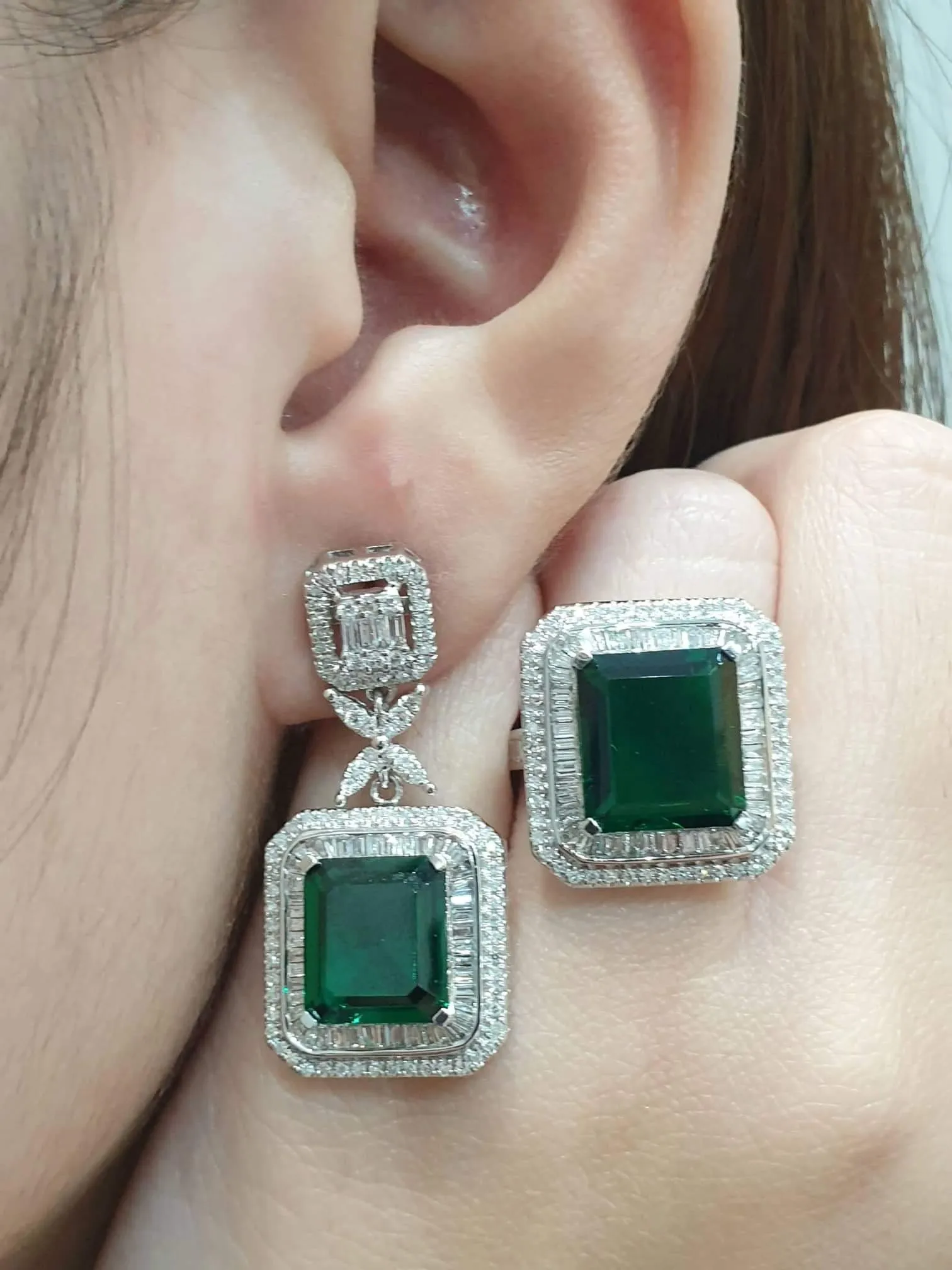 PREORDER | Floral Baguette Green Emerald Statement Gemstones Diamond Jewelry Set 14kt