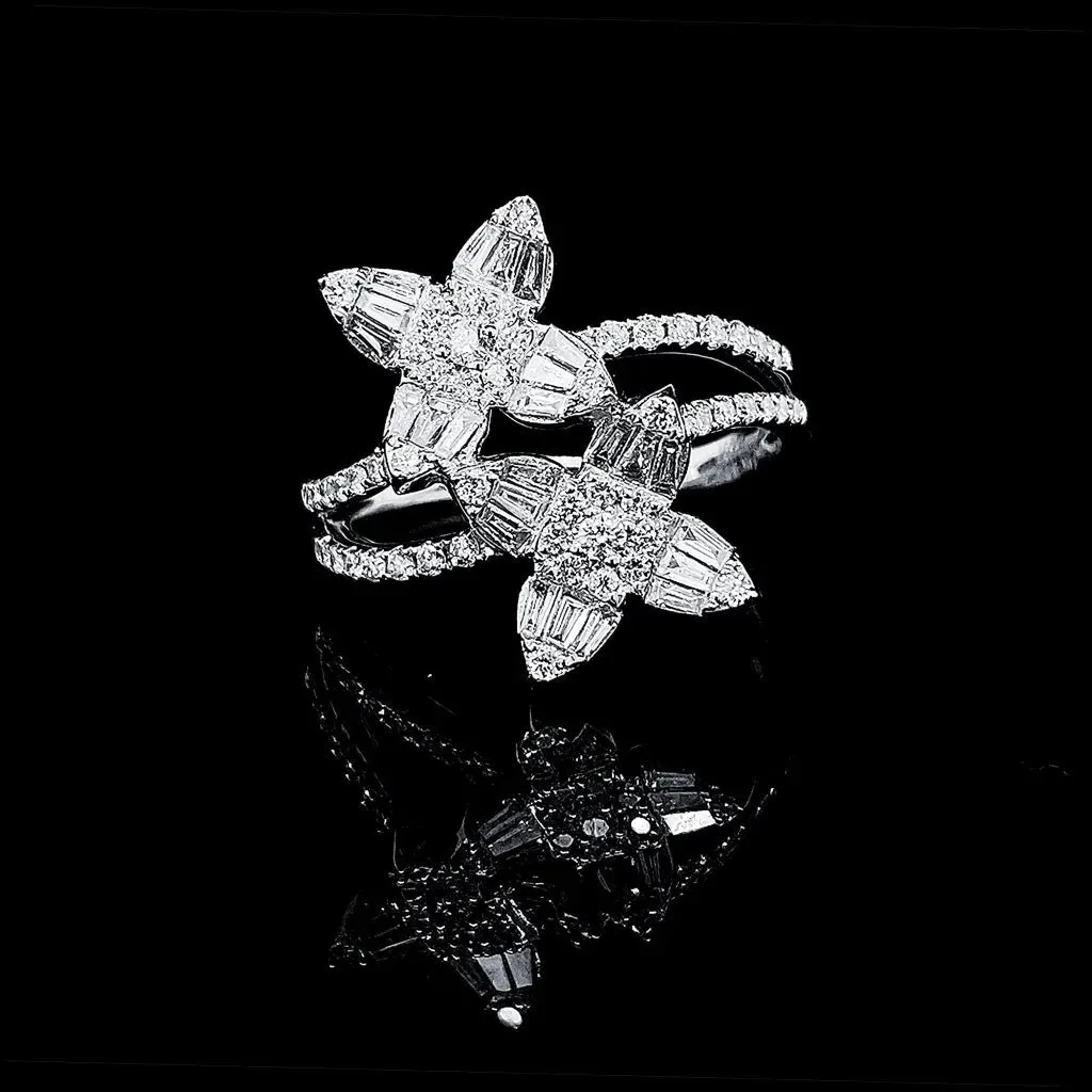 PREORDER | Flower Paved Baguette Diamond Ring 14kt