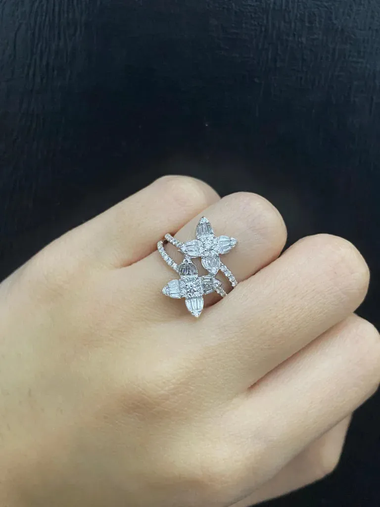 PREORDER | Flower Paved Baguette Diamond Ring 14kt