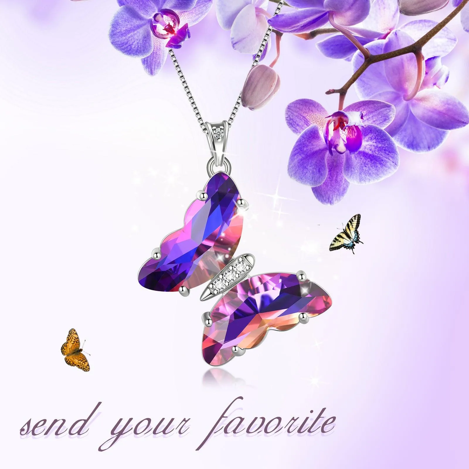 Purple Butterfly Necklace February Amethyst Birthstone Pendant Women Girls Jewelry Birthday Gift