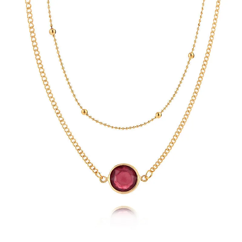 "Double Layered Gold Necklace with Red Gemstone | Chic Minimalist Jewelry" jltn0654