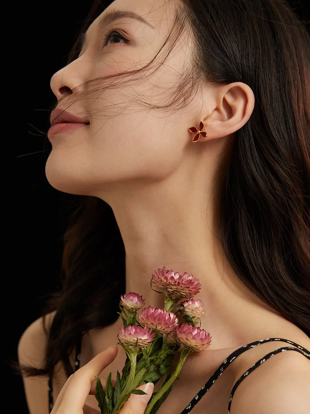 Red Enamel Glaze Earrings Flower Vitality in Bloom