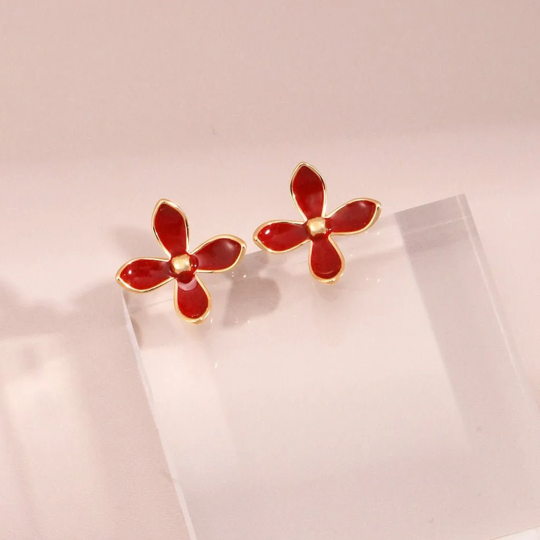 Red Enamel Glaze Earrings Flower Vitality in Bloom