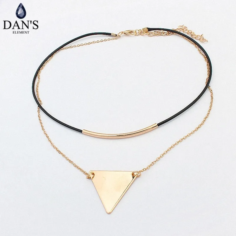 Retro Geometric Triangle Pendant Collar Double chain