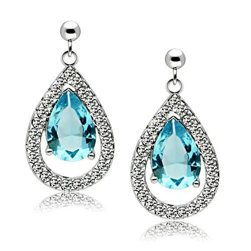 Rhodium Brass Earrings with Synthetic Synthetic Glass in Sea Blue for Women Sea Blue Stone Color Style 3W083