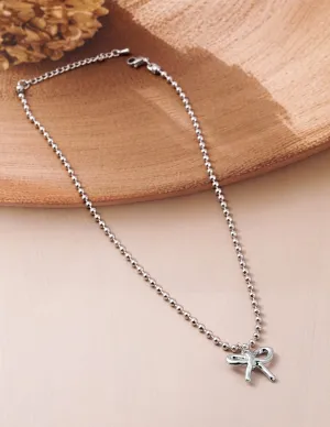 Rhodium Plated Silver Beaded Chain Necklace with Minimalist Bow Pendant