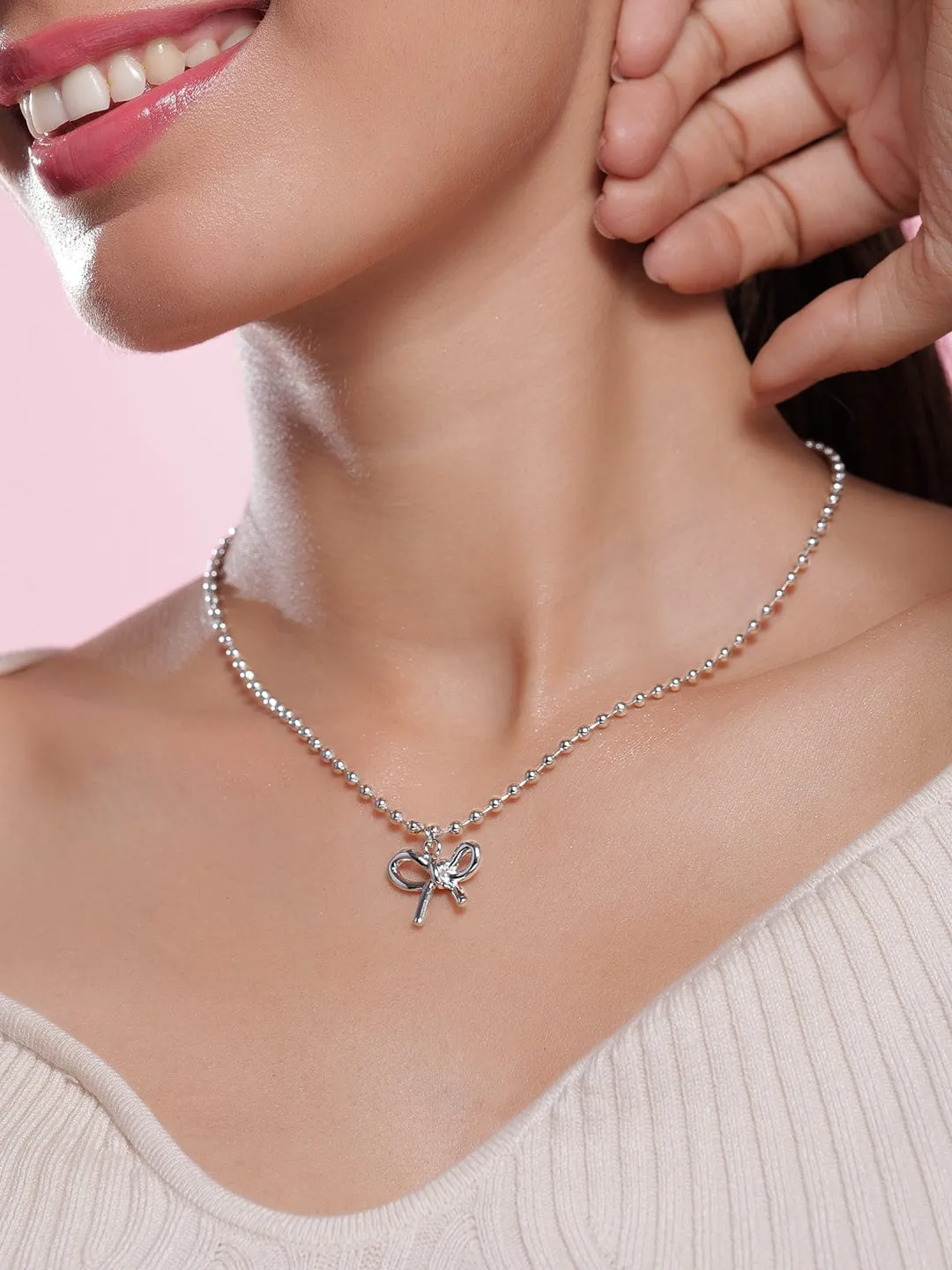 Rhodium Plated Silver Beaded Chain Necklace with Minimalist Bow Pendant