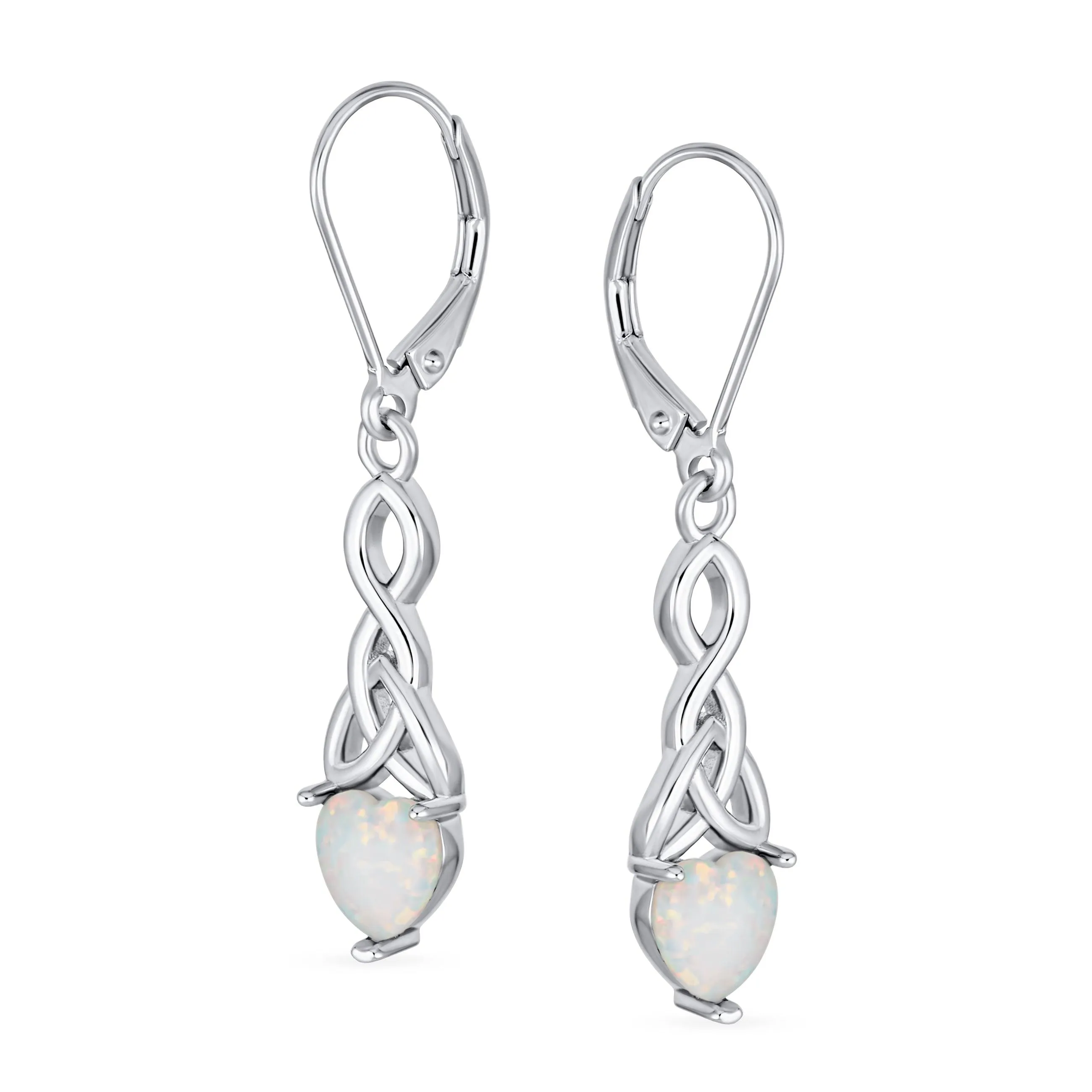 Romantic White Heart Opal Love Knot Dangle Gemstone Earrings Sterling Silver