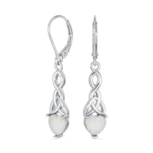 Romantic White Heart Opal Love Knot Dangle Gemstone Earrings Sterling Silver