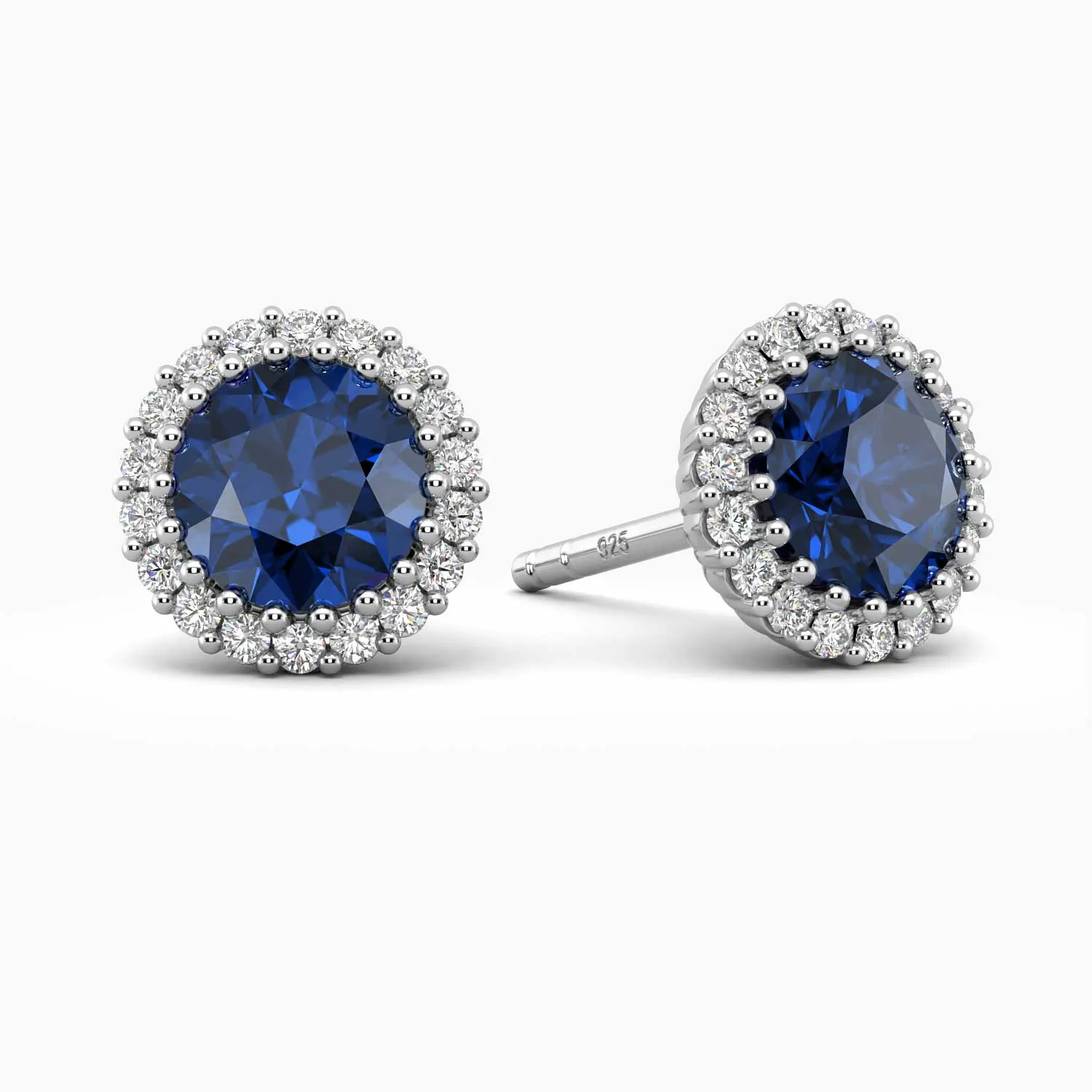 Round Sapphire Halo Stud Earrings in Sterling Silver | Irosk®