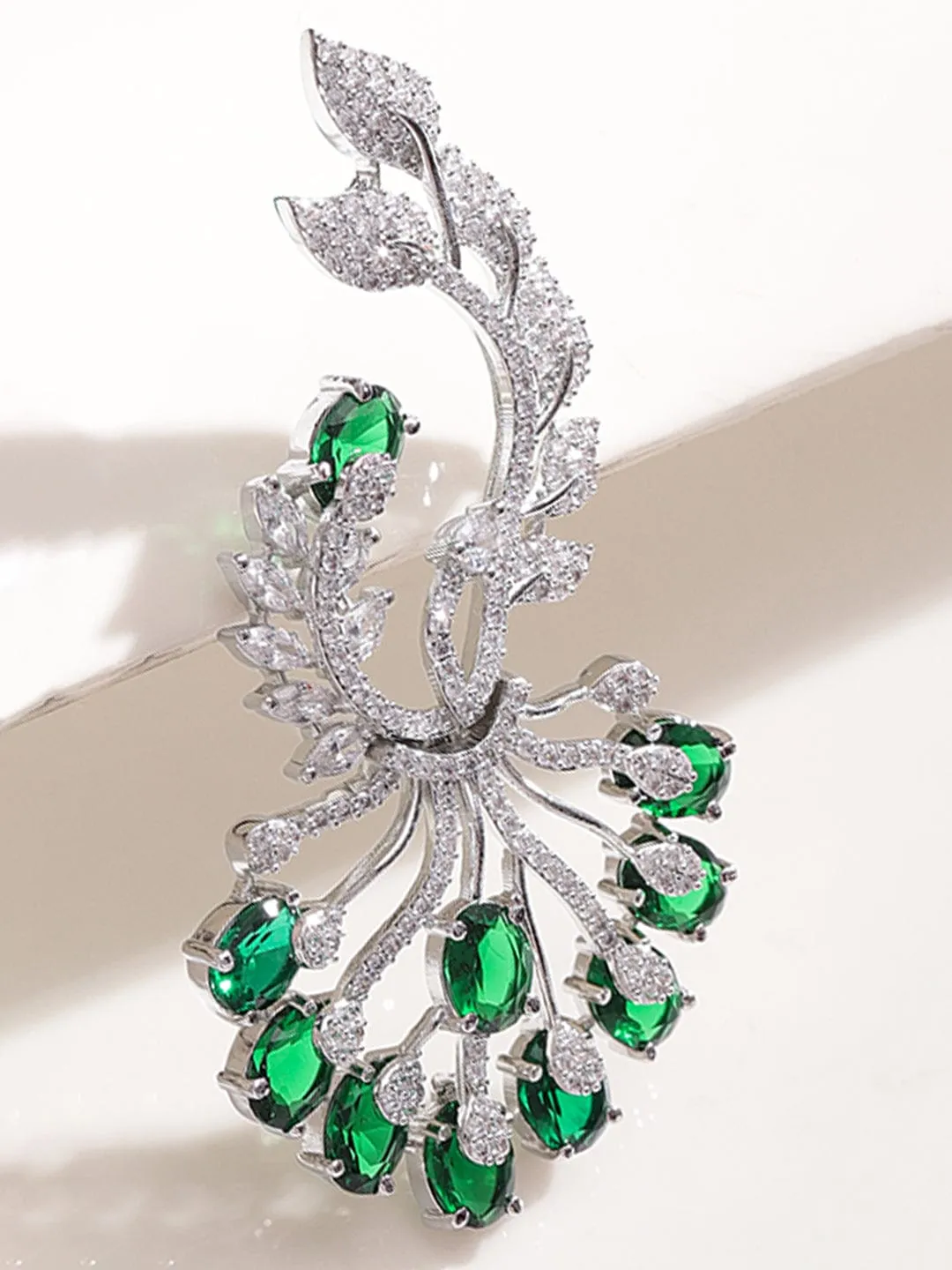 Rubans Regal Radiance Rhodium-Plated AD and Emerald Statement drop Earrings - Timeless Elegance