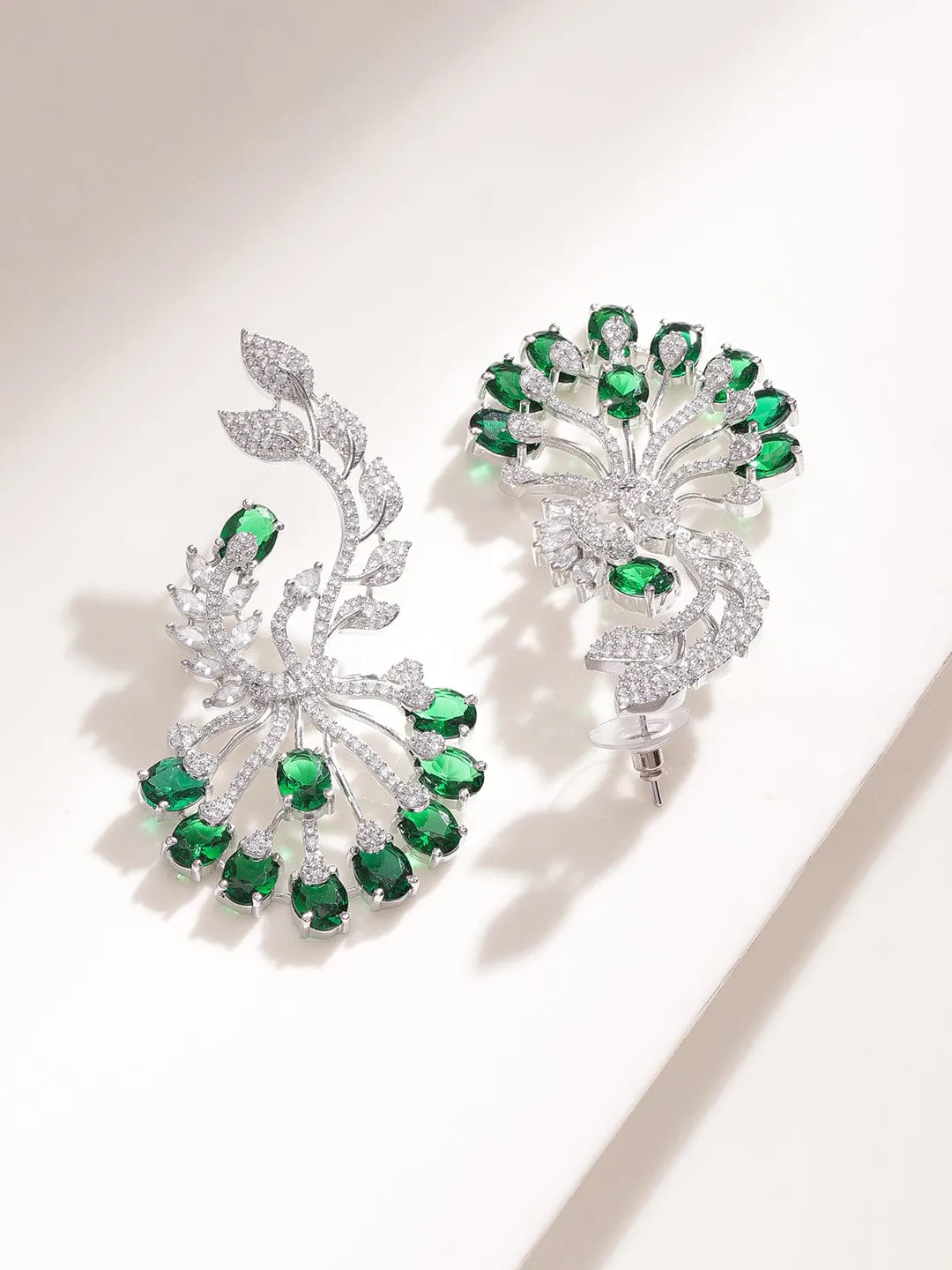 Rubans Regal Radiance Rhodium-Plated AD and Emerald Statement drop Earrings - Timeless Elegance