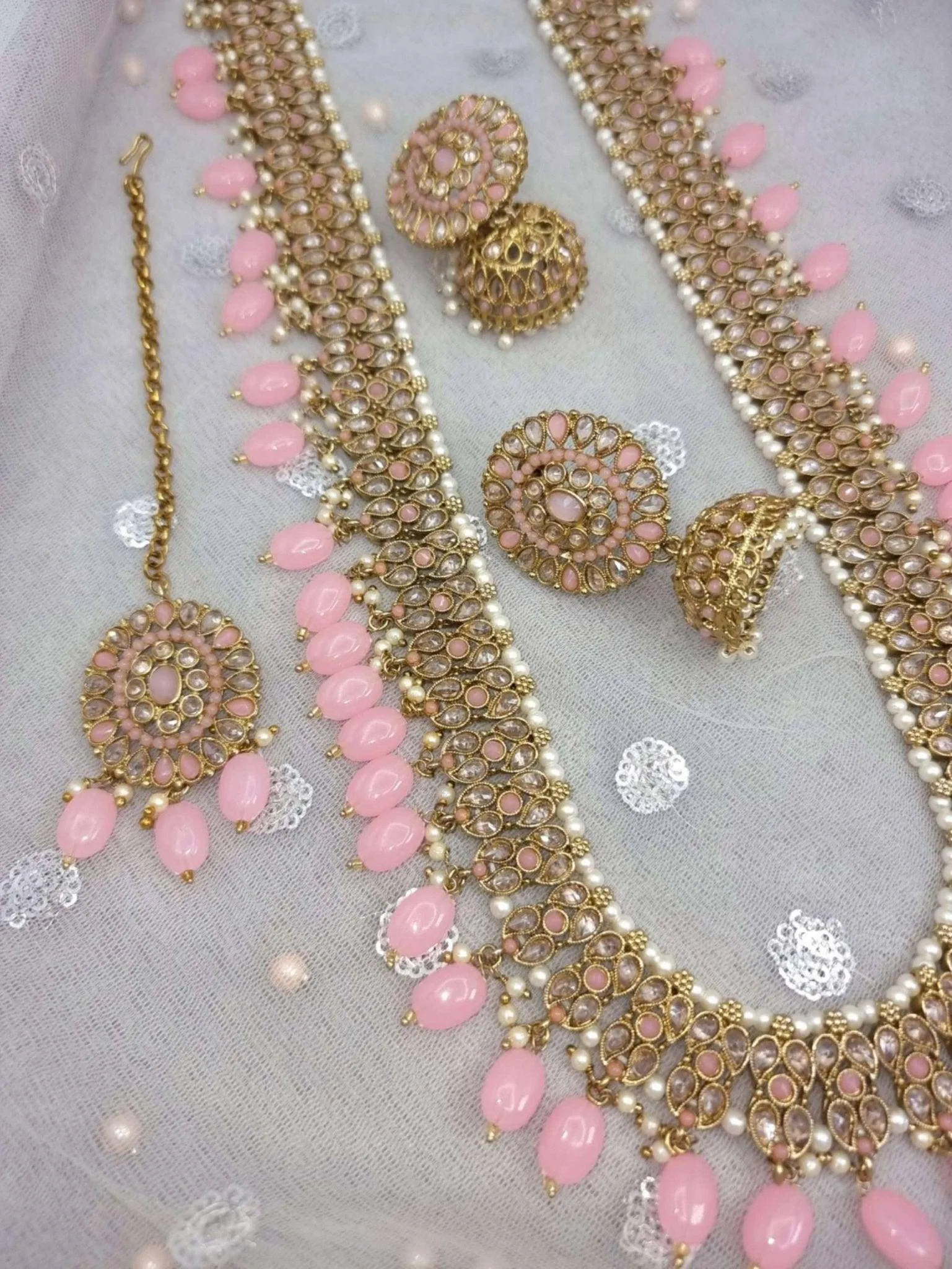 Sabiha- Baby Pink Antique Gold Polki Stone Mala Necklace Set