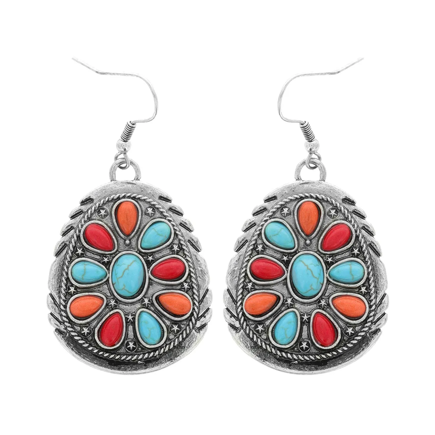 Semi Stone Embellished Concho Hook Dangle Earrings