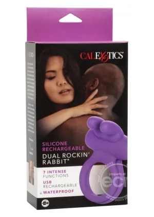 Silicone Rechargeable Dual Rockin Rabbit Multi Speed Cockring Waterproof Purple