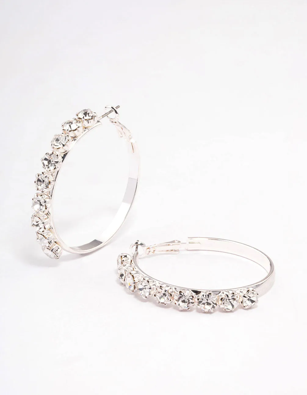 Silver Round Diamante Medium Hoop Earrings