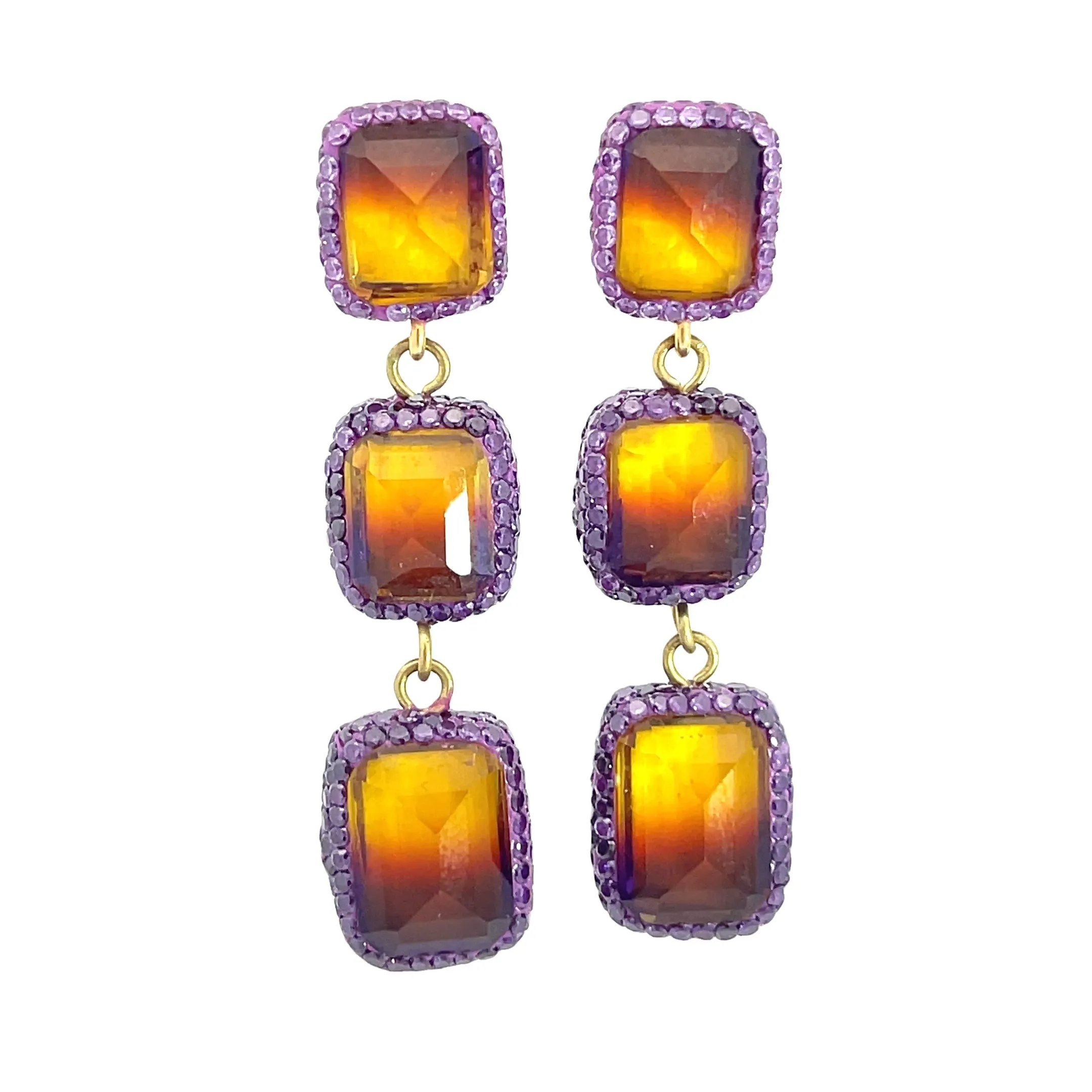 Square Multicolor Gemstone Crystal Sterling Silver Triple Drop Earrings