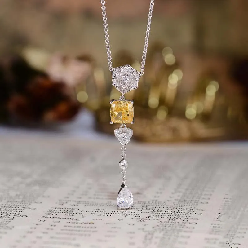 Square Yellow Zircon Camellia Tassel Necklace