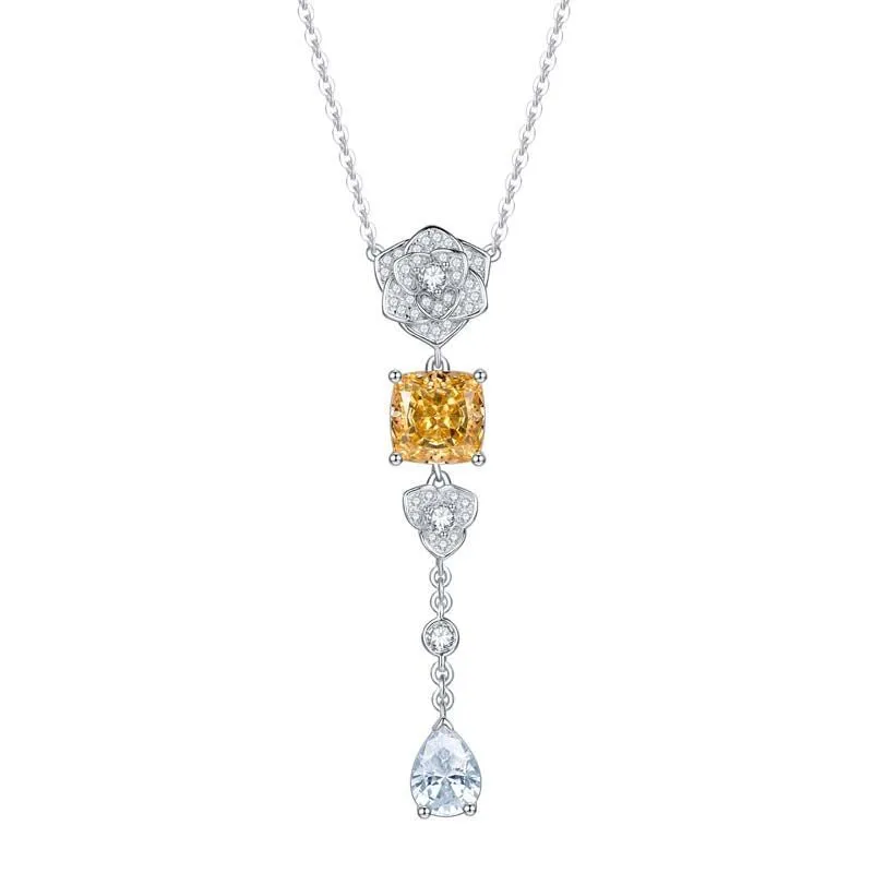 Square Yellow Zircon Camellia Tassel Necklace