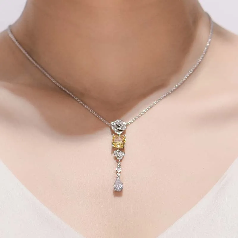 Square Yellow Zircon Camellia Tassel Necklace