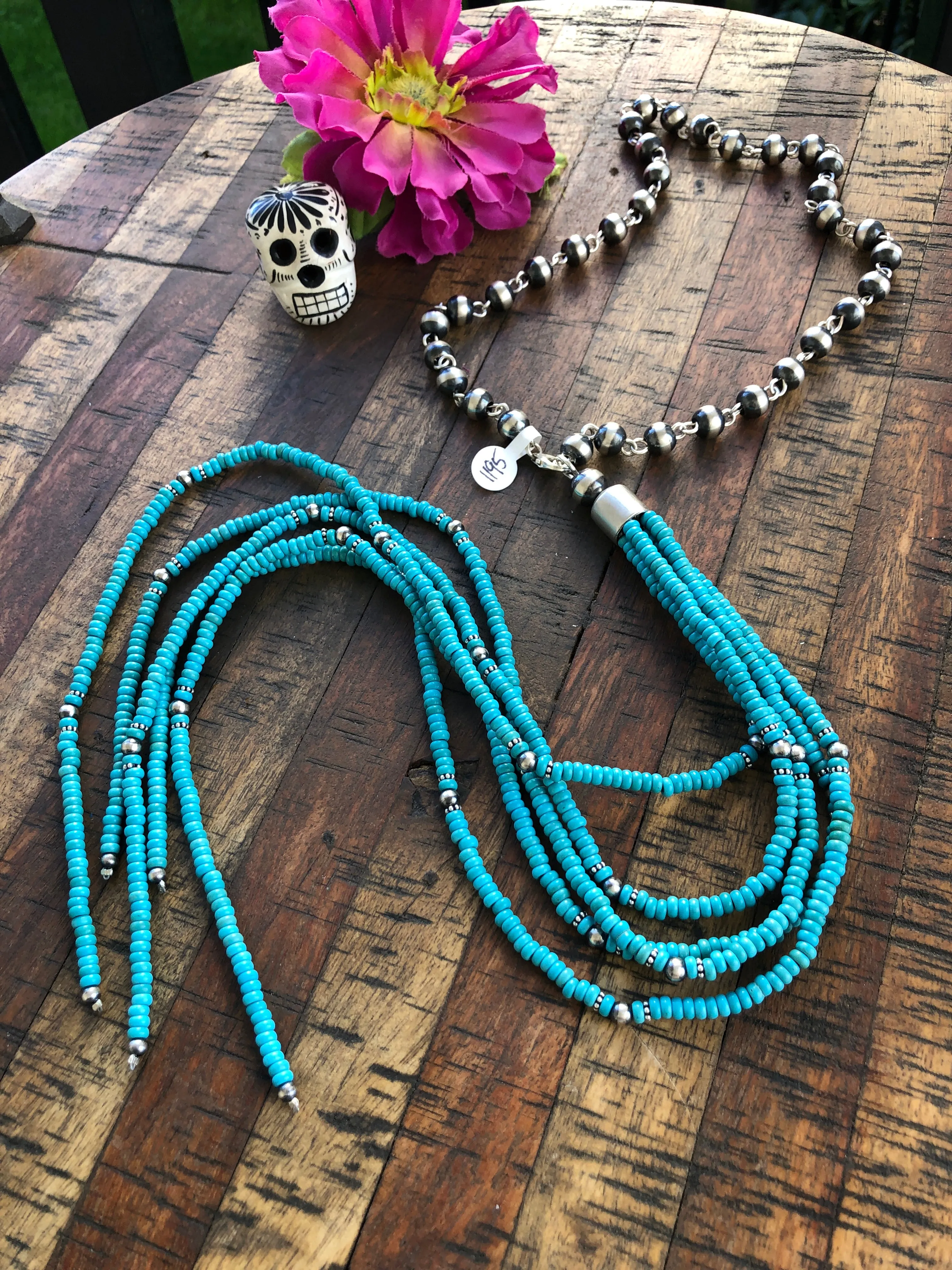 Sterling Pearl and Turquoise Tassel Necklace