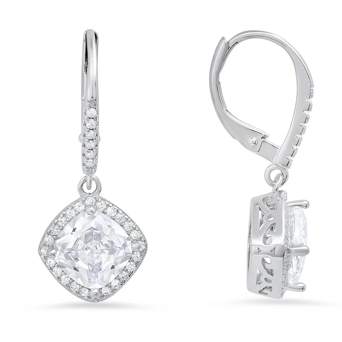 Sterling Silver Cushion-cut Halo CZ Leverback Earrings