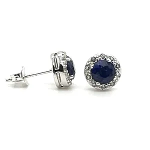 Sterling Silver Dyed Blue Sapphire & White Topaz Halo Stud Earrings by Samuel B.