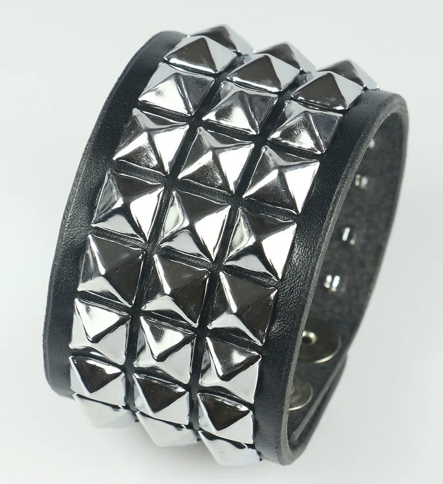 Three Row Pyramid Studded Leather Wristband