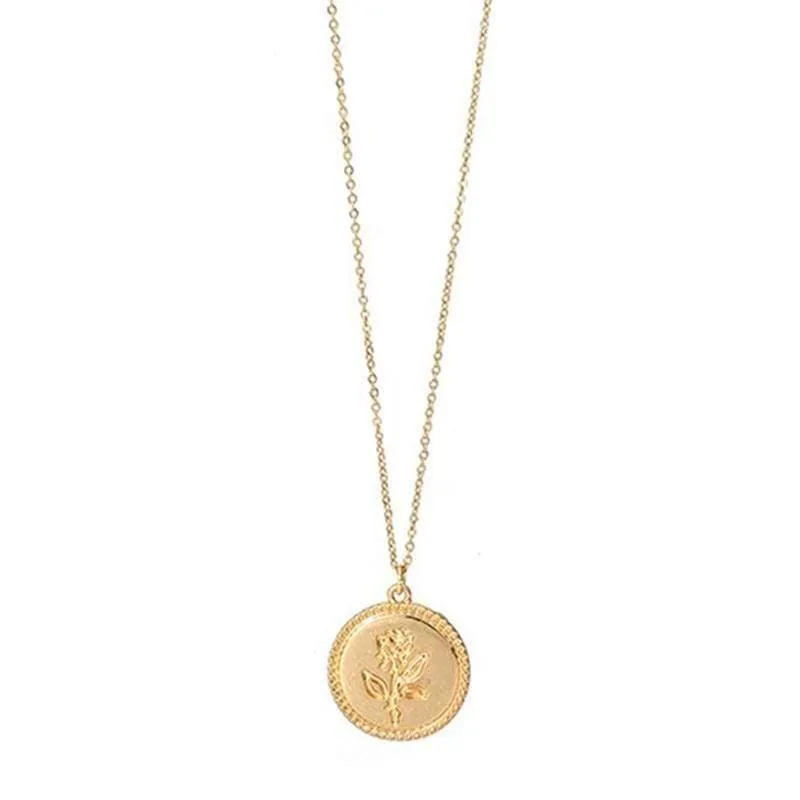 Trendy Gold Rose Flower Charm Coin Necklace Long LayeRing Chain Alloy Round Medallion Necklace Collier (Gold)