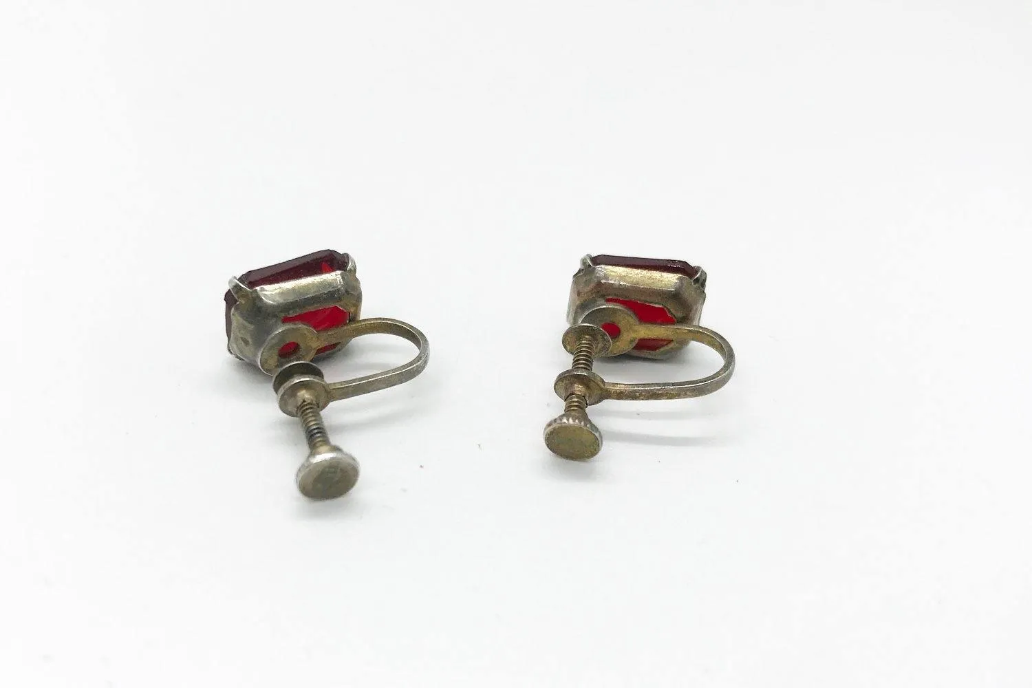 Vintage Ruby Red Glass Sterling Silver Solitaire Earrings