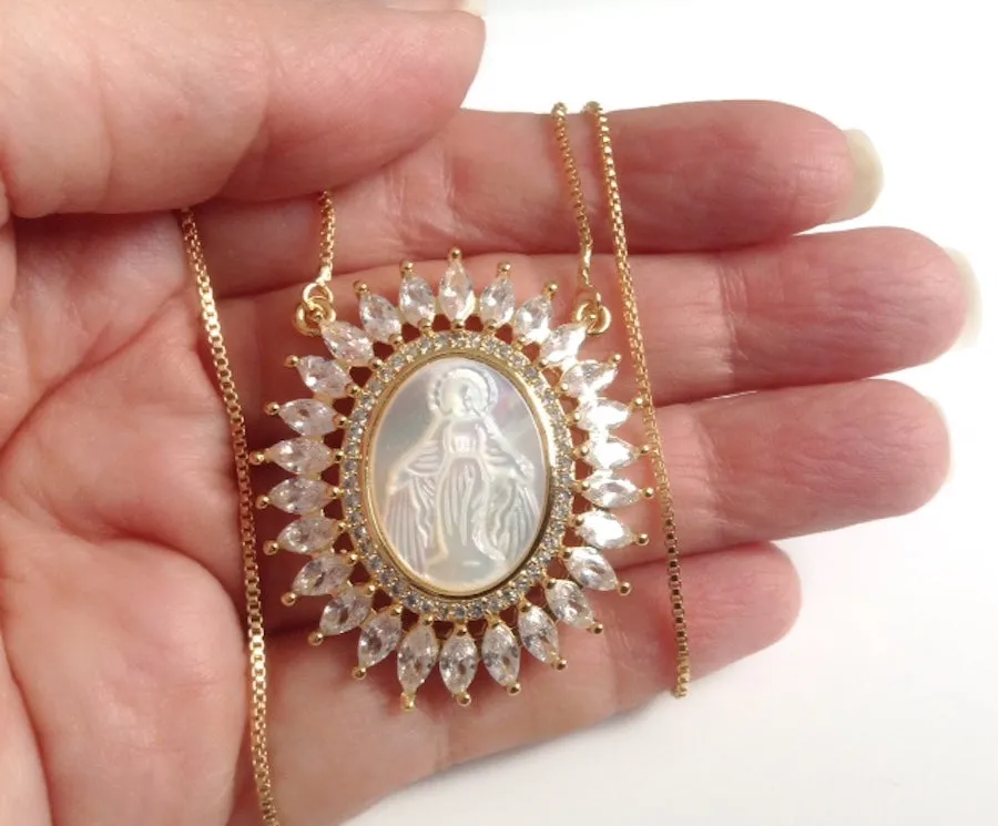 Virgen La Milagrosa Mother of Pearl Pendant Necklace 18K Gold Plated Chain