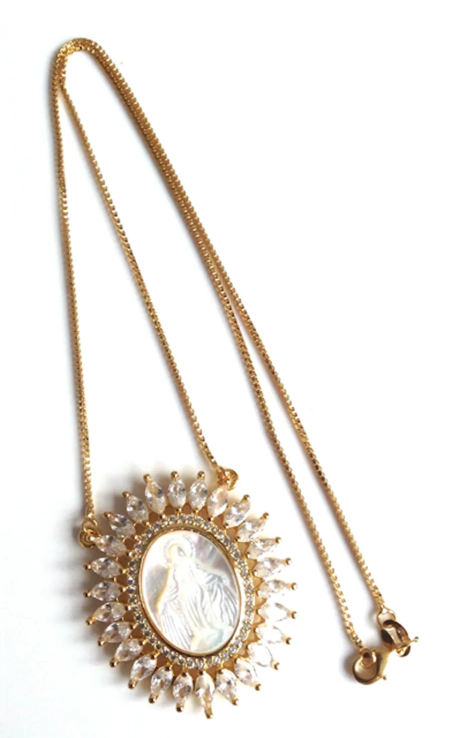 Virgen La Milagrosa Mother of Pearl Pendant Necklace 18K Gold Plated Chain