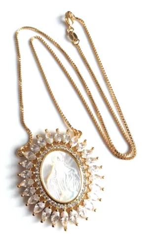 Virgen La Milagrosa Mother of Pearl Pendant Necklace 18K Gold Plated Chain