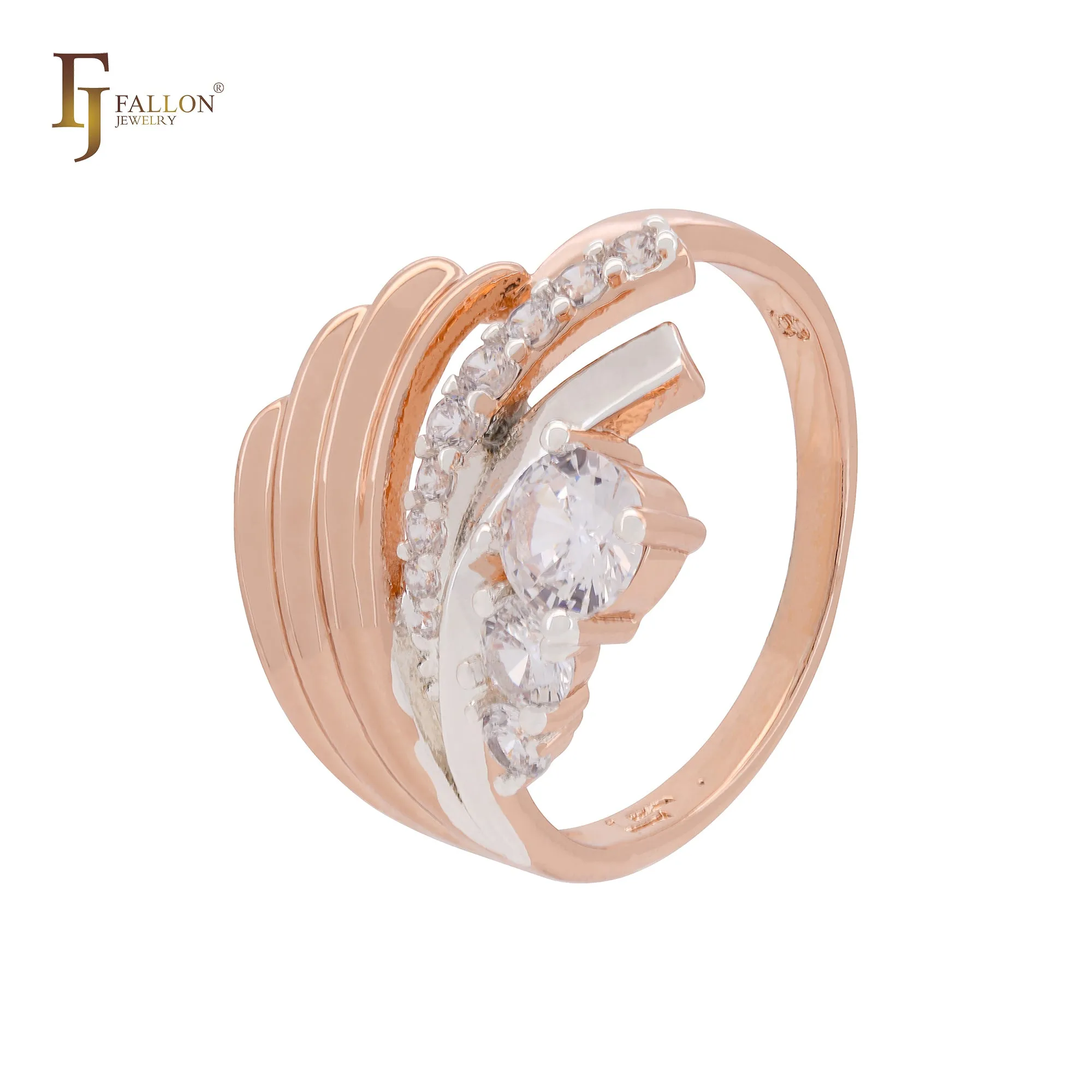 Wavy waves luxurious white CZs cluster Swan Queen Rose Gold two tone Fashion Rings